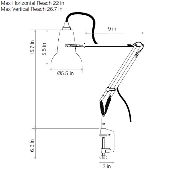 Original 1227™ Mini Table With Desk Clamp Dimensions