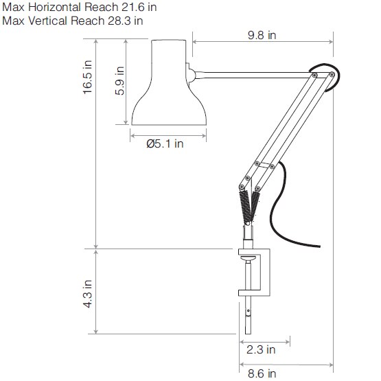 Type 75™ Mini Table With Desk Clamp Dimensions