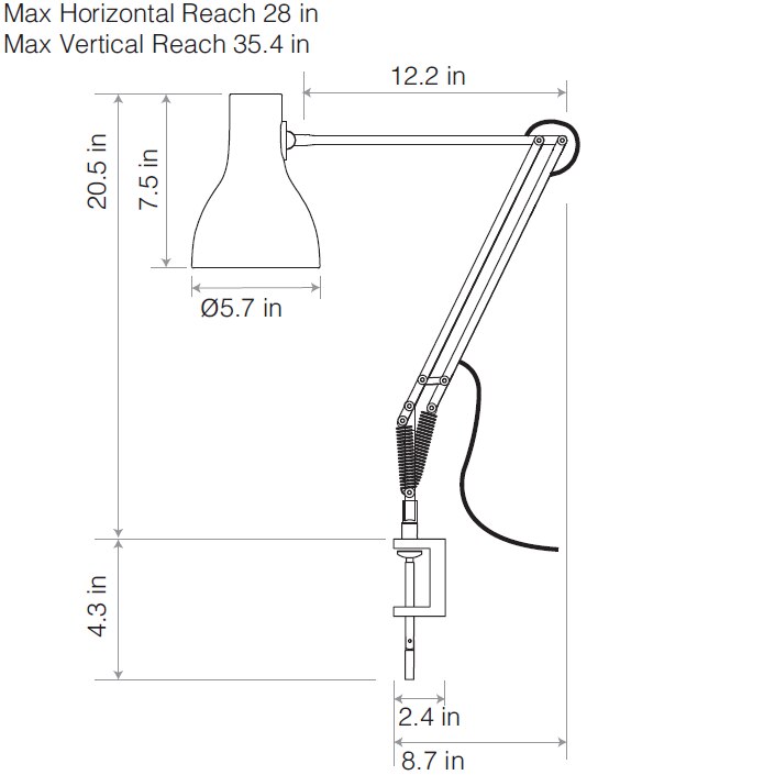 Type 75™ Table With Desk Clamp Dimensions