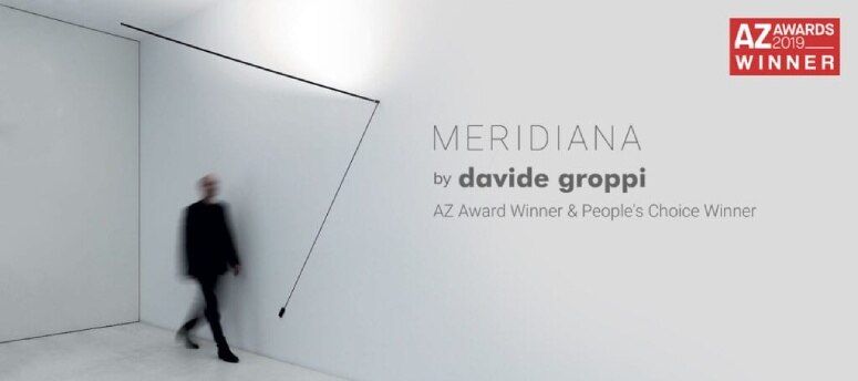 Header image featuring Meridiana wall light with Davide Groppi and the AZ Awards 2019 logo. Text on image: Meridiana by Davide Groppi, AZ Award Winner & People's Choice Winner.