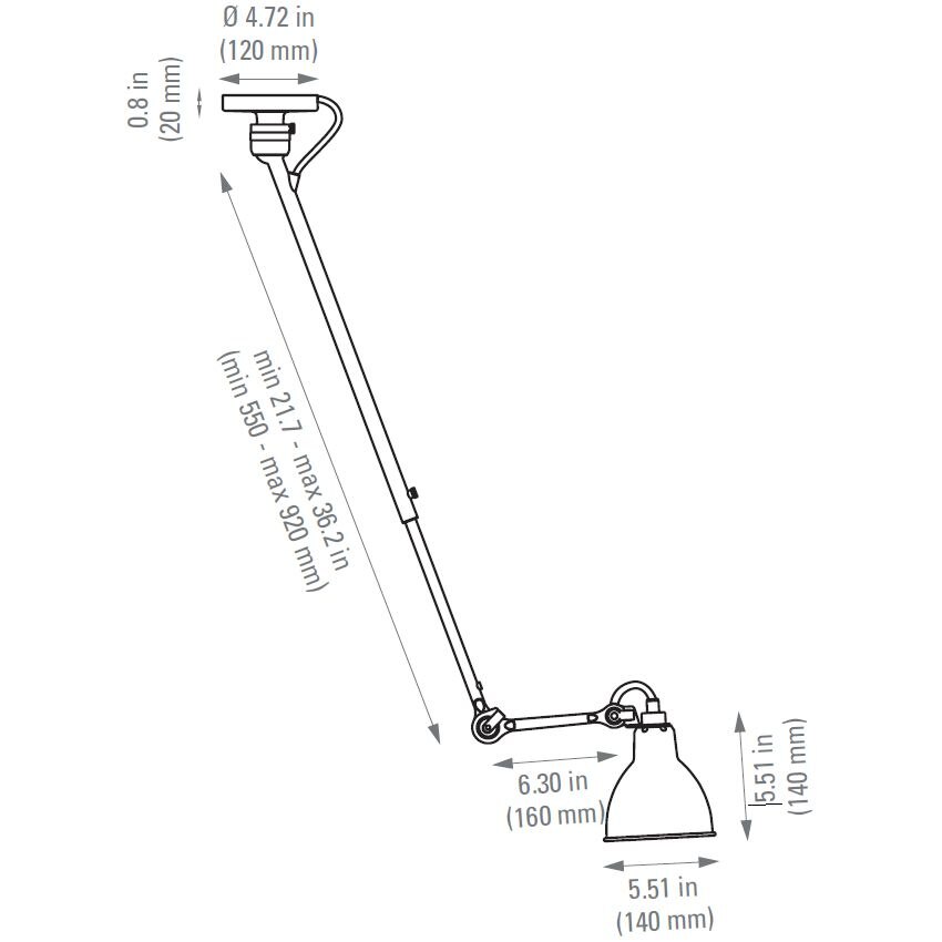 Lampe Gras N°302 Ceiling with Round Shade Dimensions