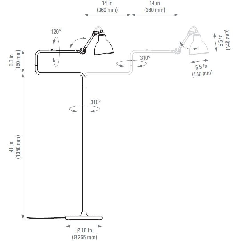 Lampe Gras N°411 Floor with Round Shade Dimensions